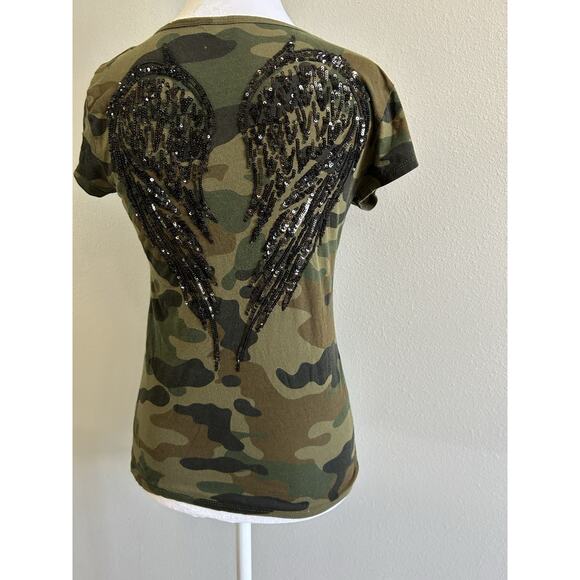Y2K GUESS Women's Angel Wings VTG Sequins T Tee Shirt Camouflage Grunge Fairy S - Picture 7 of 11